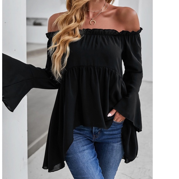Solid Black Off Shoulder Flounce Sleeve High Low Blouse - Picture 5 of 6